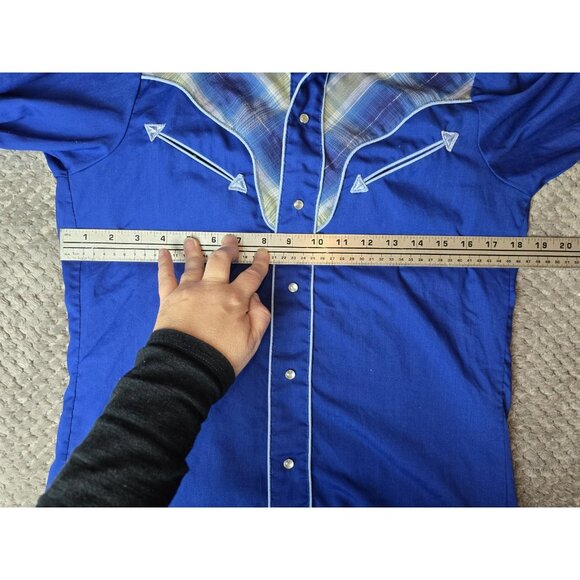 VINTAGE Western Cowboy Shirt Royal Blue Plaid Yoke Pearl Snap Retro Rockabilly - Picture 4 of 7